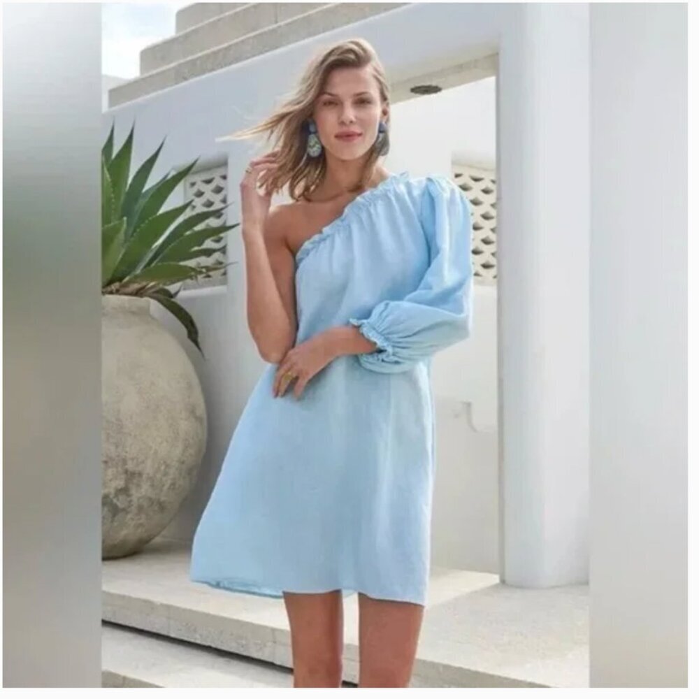 LAKE Milly Dress in Aqua Blue linen size Large one shoulder